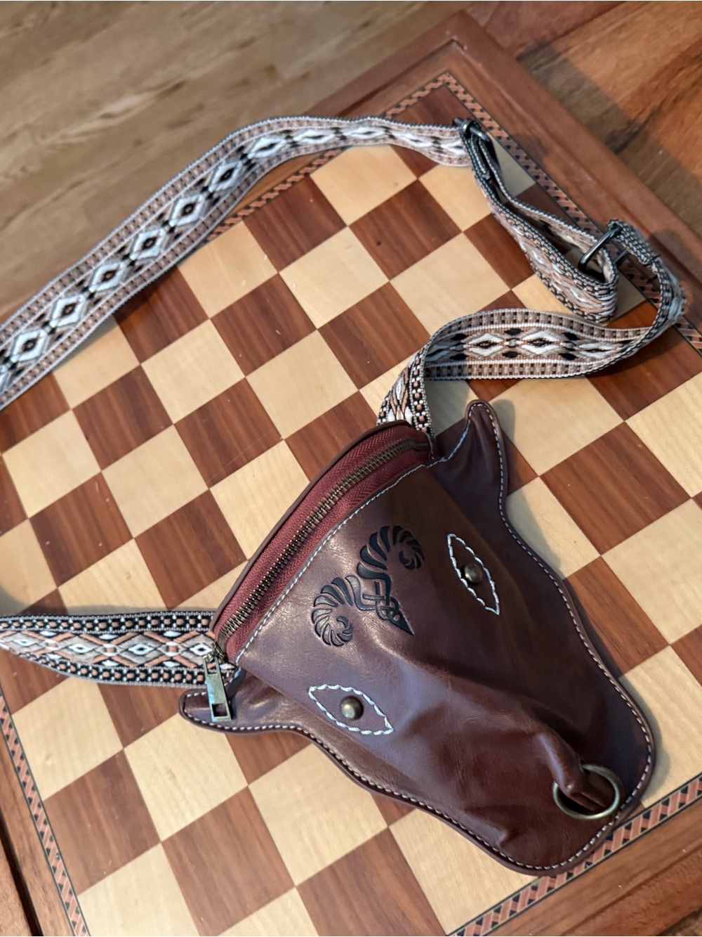 Medieval Viking Nordic Brown Leather Ram Motif Men's Crossbody Bag